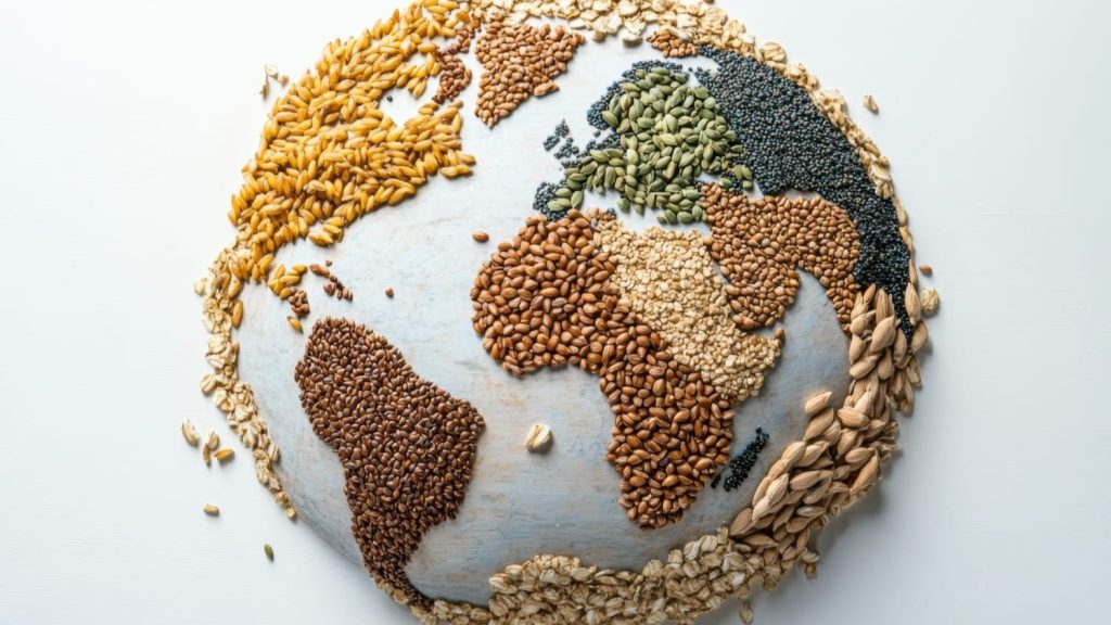 Wereldkaart gevormd met diverse fairtrade granen en zaden, symbool voor eerlijke handel in de horeca.
