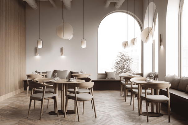Afbeelding van een minimalistisch ingericht restaurant met houten meubels, lichte tinten en veel licht inval.