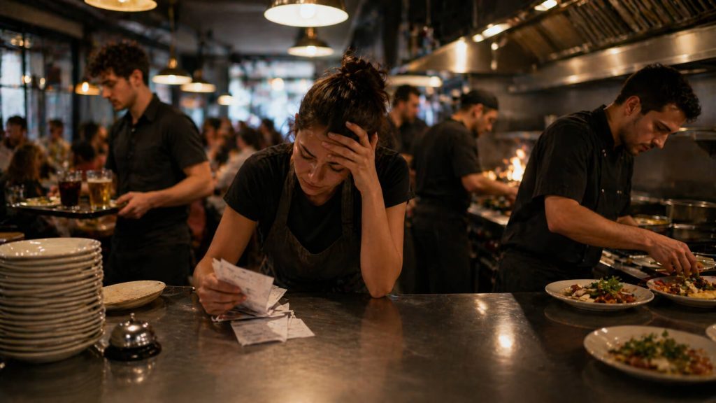 Hoge werkdruk horeca zichtbaar bij gestreste medewerker tijdens drukke dienst in restaurantkeuken