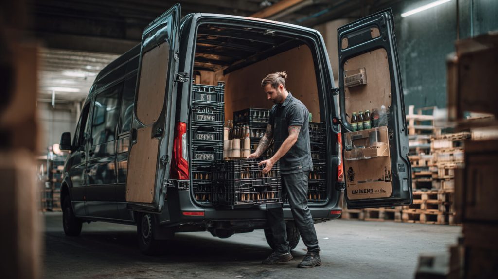 Horecaondernemer laadt een bestelbus in voor leveringen en catering met zakelijk leasen ZZP