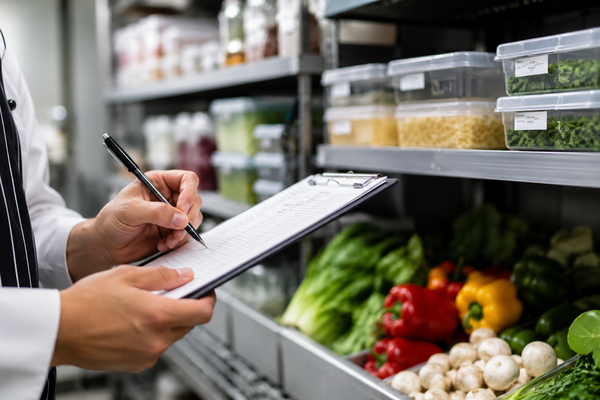Chef controleert de voorraad van verse ingrediënten in een professionele restaurantkeuken voor efficiënt voorraadbeheer
