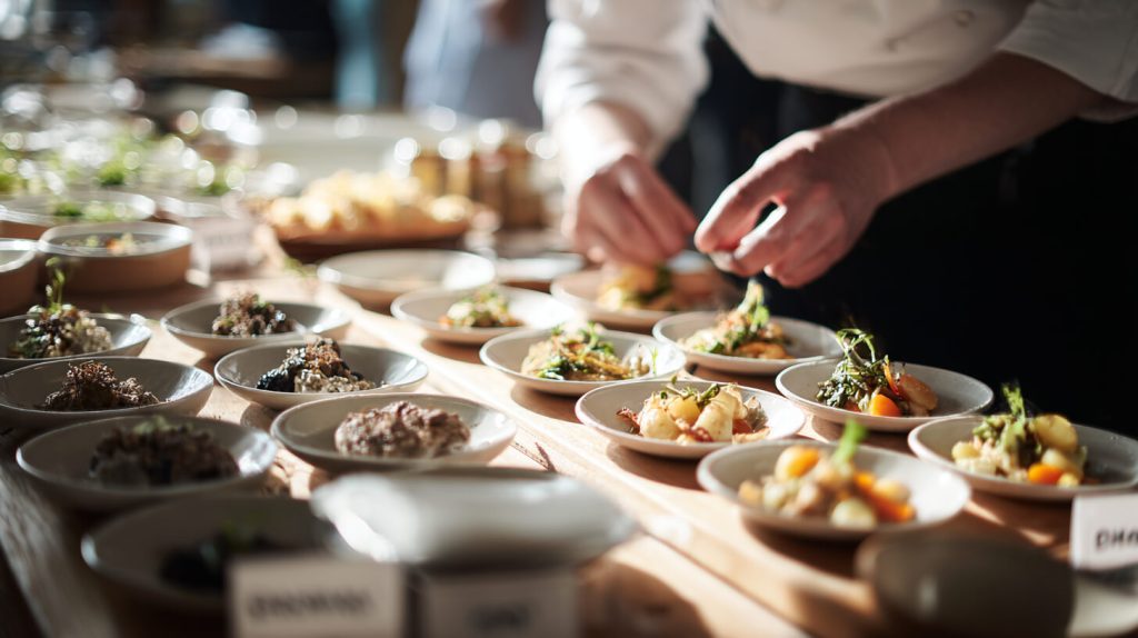 Cateringmedewerker bereidt gerechten voor met aandacht voor dieetwensen bij koffietafels.