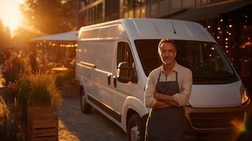 Horecaondernemer staat voor een bestelbus bij een locatie met zakelijk leasen ZZP