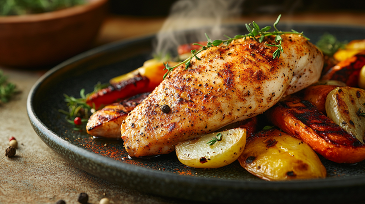 Gegrilde kipfilet met kruiden en geroosterde groenten.
