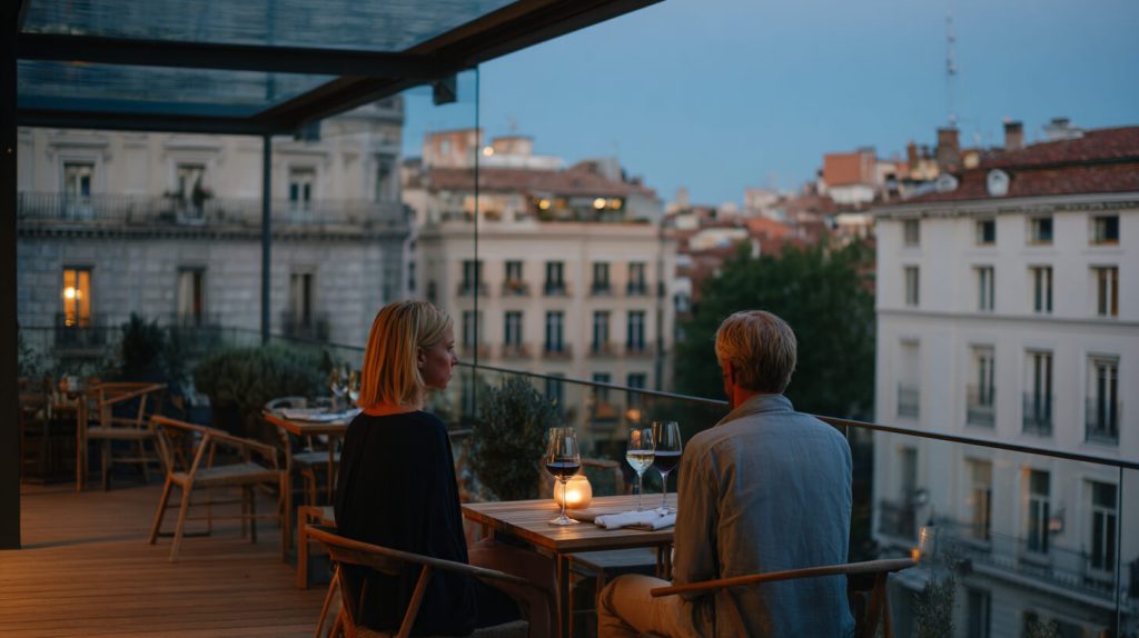 Twee gasten genieten van een avonddiner met wijn op een overkapt dakterras met uitzicht over de stad bij schemering