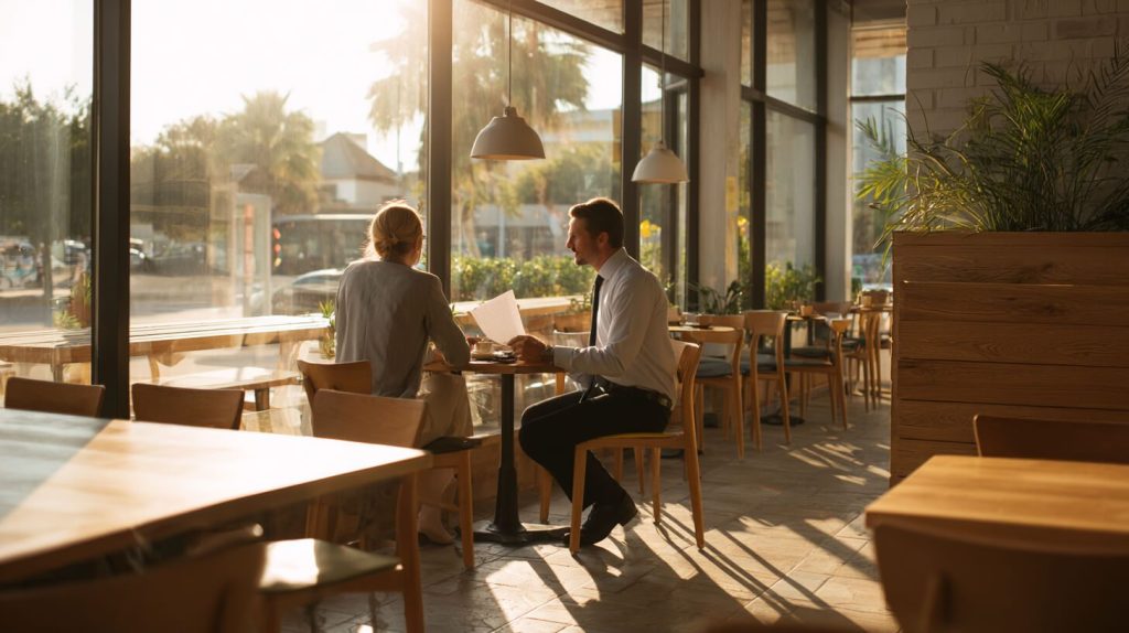 Restauranteigenaar bespreekt documenten met een adviseur aan tafel tijdens een zonnig gesprek over juridische zaken in de horeca