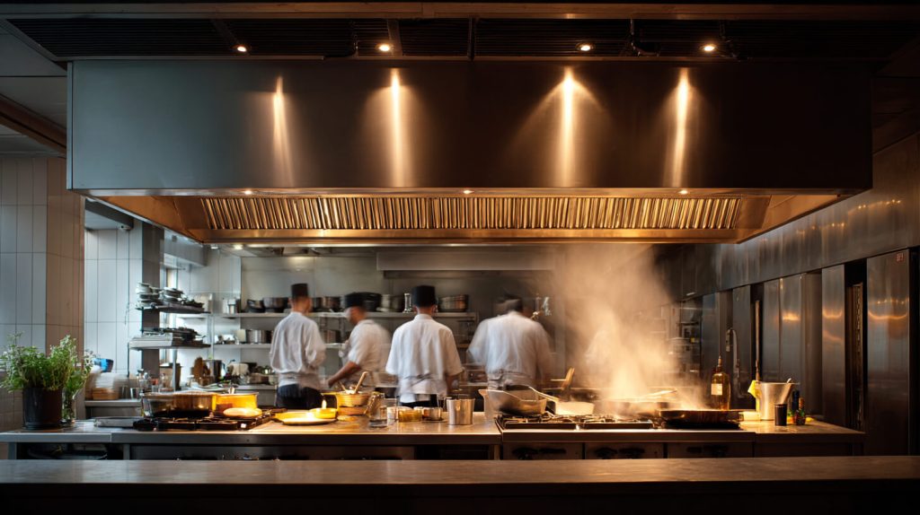 Roestvrijstalen afzuigkap boven een drukke restaurantkeuken waar koks werken tussen opstijgende stoom.