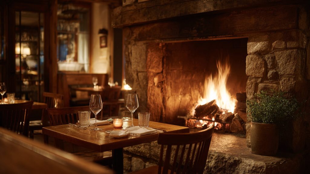 Gedekte tafel voor twee vlak bij een knapperend haardvuur in een sfeervol restaurantinterieur