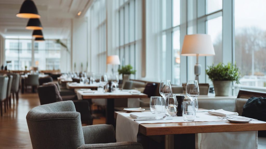 Lichte restaurantzaal met gedekte tafels, wijnglazen en een sfeervolle inrichting, klaar voor gasten in de horeca