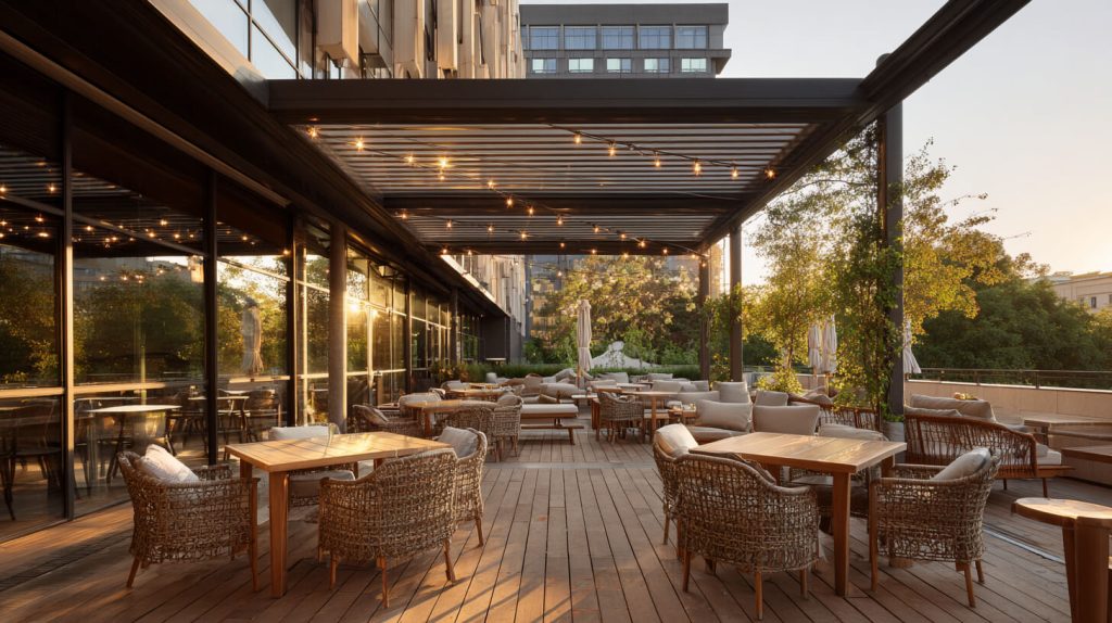 Sfeervol overdekt restaurantterras met houten vloer, rotan stoelen en warme lichtjes onder de constructie bij zonsondergang