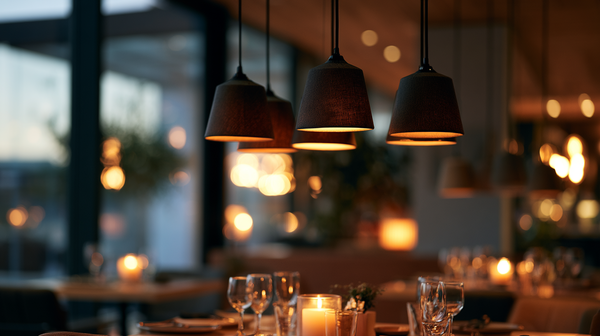 Warme, gelaagde verlichting boven een tafel in een restaurant