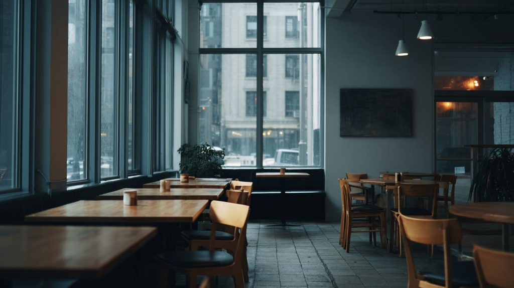 Leeg restaurantinterieur bij schemerlicht, wachtend op de eerste gasten van de horecaondernemer