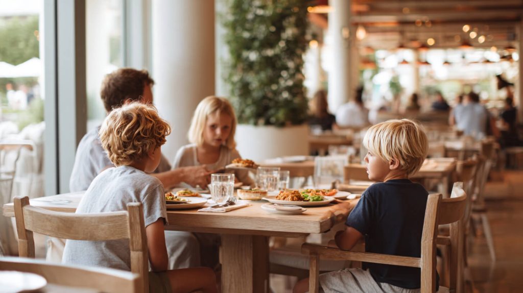 Gezin met kinderen aan tafel in een gezellig, kindvriendelijk restaurant tijdens de lunch