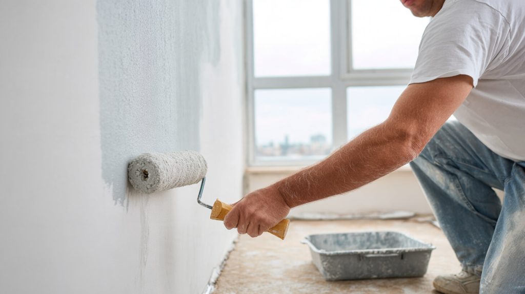 Schilder brengt met een verfroller een nieuwe muurafwerking aan tijdens de verbouwing van een horecapand