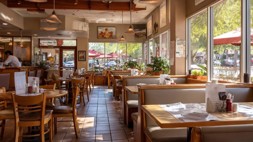 Zonnig restaurantinterieur met houten tafels, boothokjes en grote ramen die uitzicht bieden op een terras met parasols