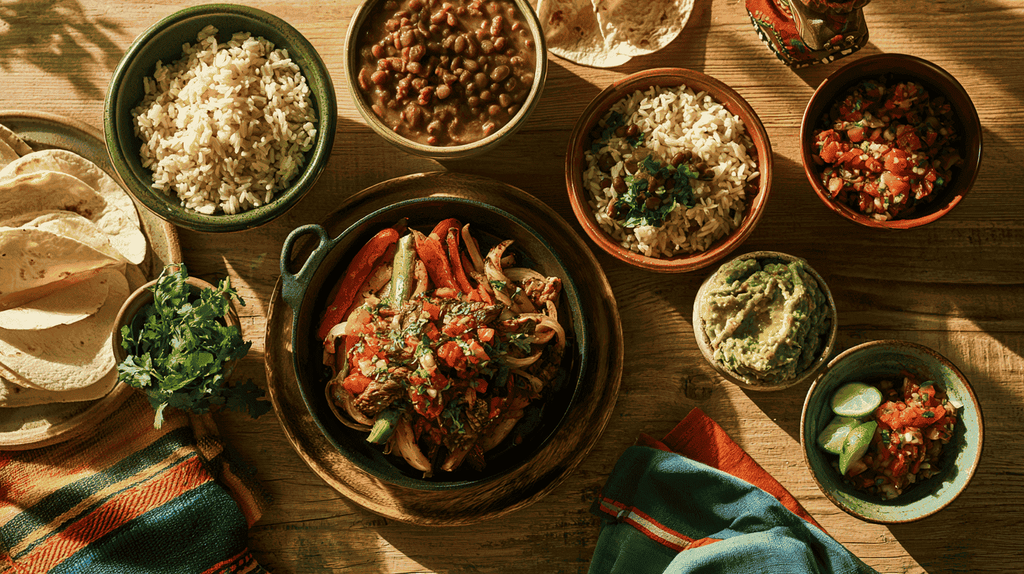 Mexicaans diner met fajitas, taco's en bijgerechten op tafel