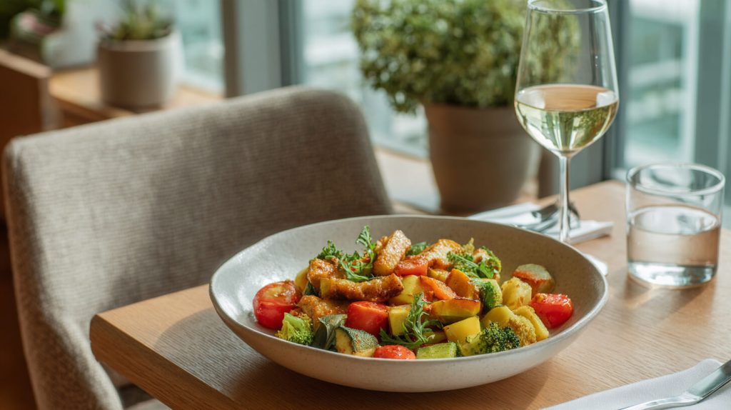 Bord met geroosterde groenten en kip naast een glas witte wijn op een restauranttafel bij een raam