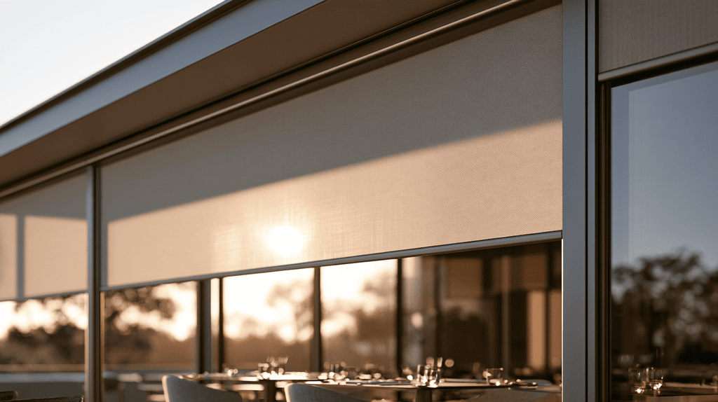 Terras met een overkapping en gedeeltelijk uitgerolde zonwering boven gedekte tafels