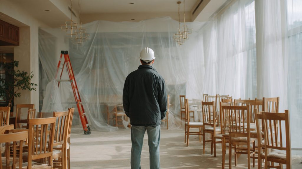 Man met bouwhelm kijkt uit over een restaurantzaal met afgedekte wanden, een ladder en gestapelde houten stoelen