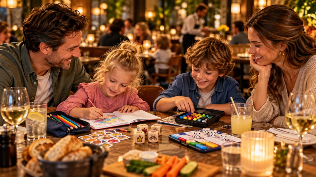 Gezin met twee kinderen speelt aan een restauranttafel met kleurboek, dobbelstenen, stickers en een puzzelspel