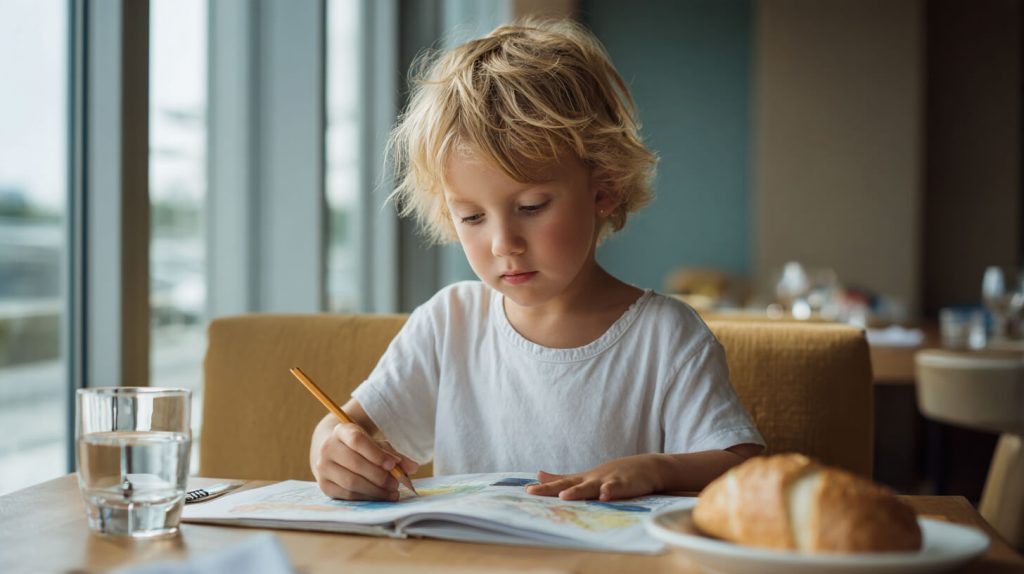 Jongetje met blond haar kleurt geconcentreerd in een boek aan een restauranttafel, naast een glas water en een broodje